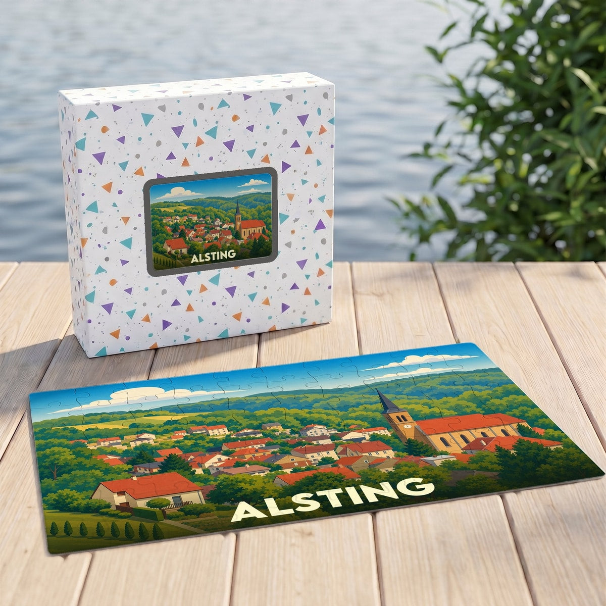 Puzzle souvenir de la ville de Alsting avec une illustration stylisée de ses paysages et de son église.