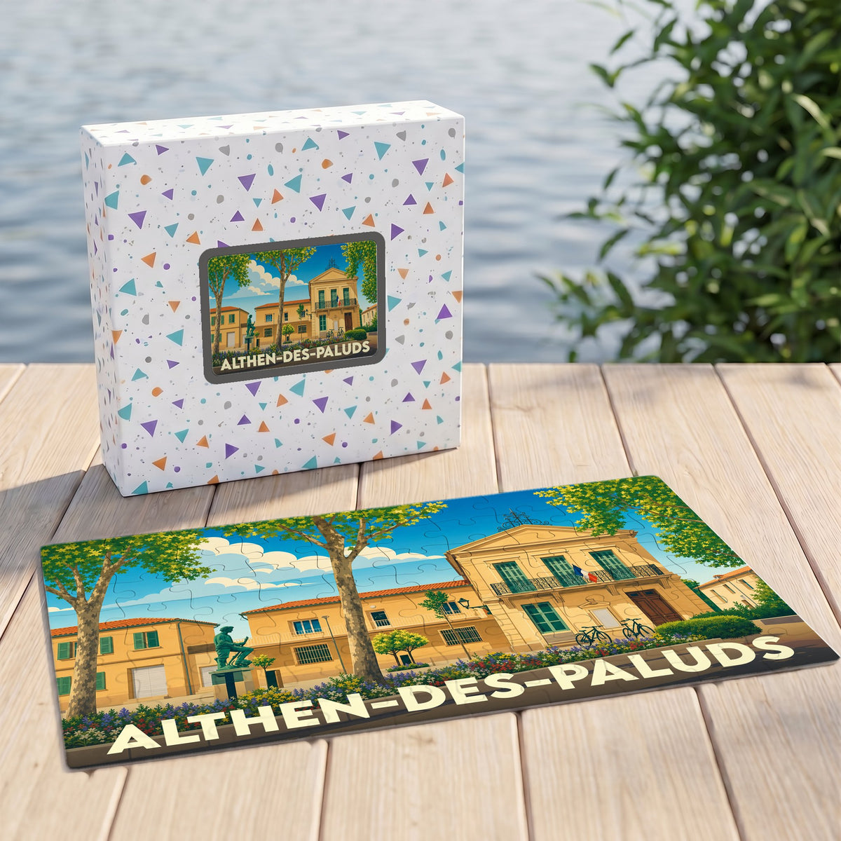 Puzzle souvenir de la ville de Althen-des-Paluds avec une illustration stylisée et colorée.