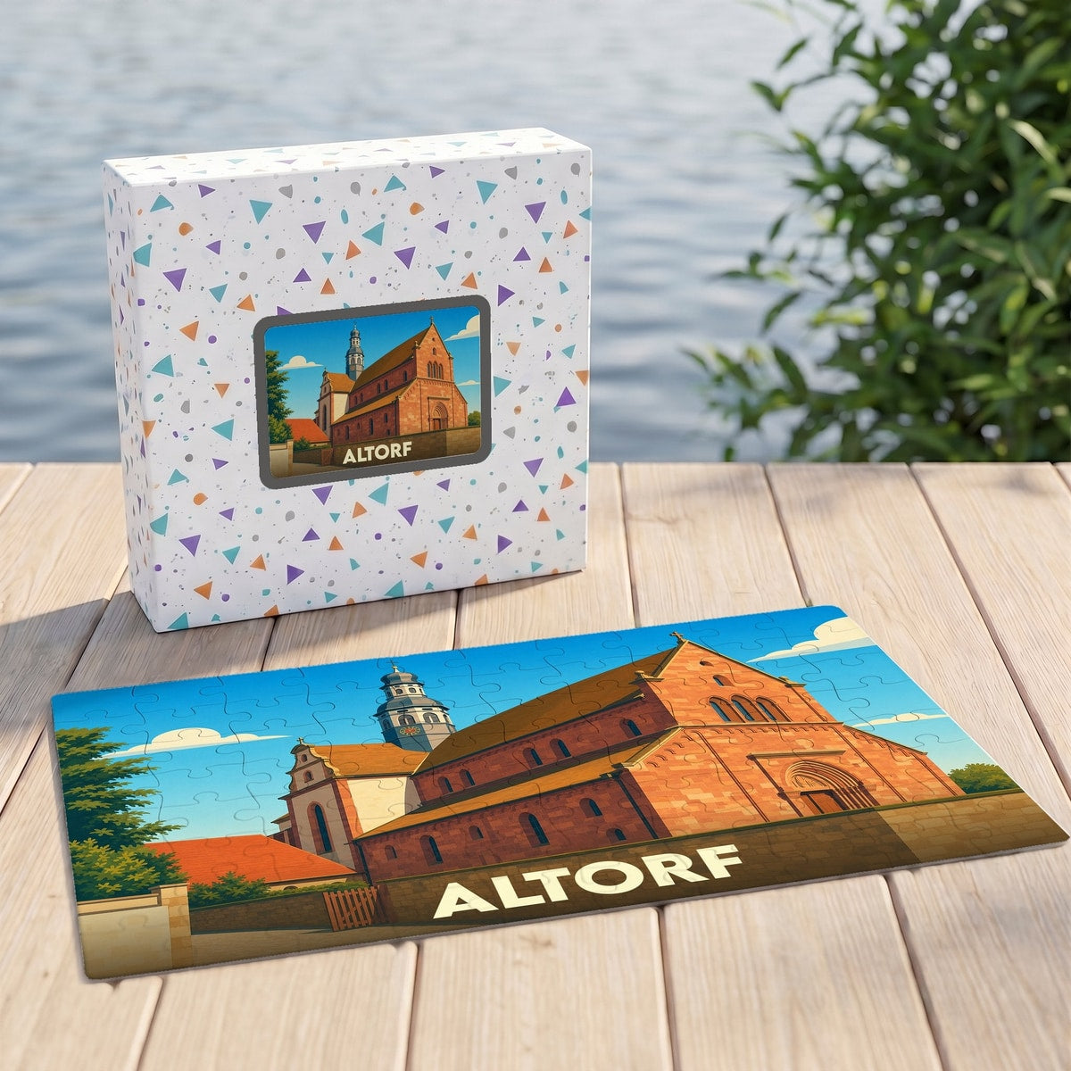 Puzzle souvenir de la ville d'Altorf avec une illustration stylisée de son église abbatiale.
