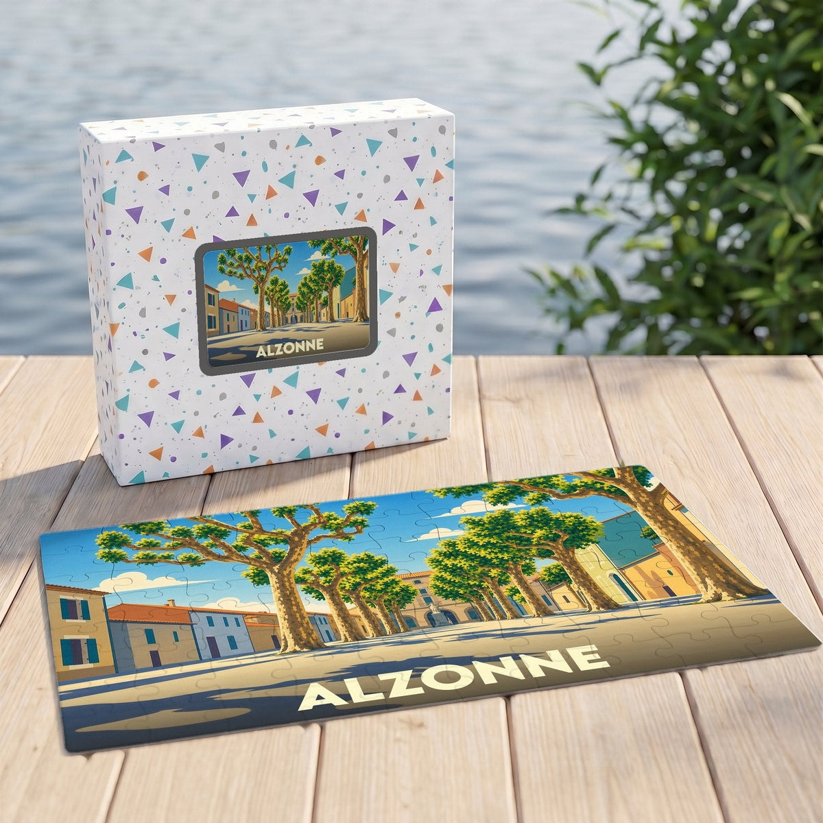 Puzzle souvenir de la ville d'Alzonne avec une illustration stylisée d'une place arborée.