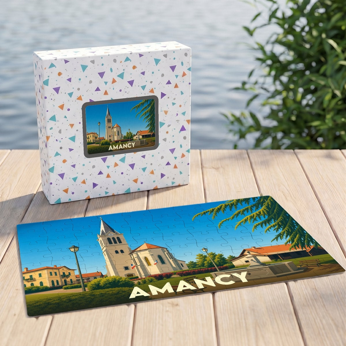 Puzzle souvenir de la ville de Amancy avec une illustration stylisée de son église et de ses environs.