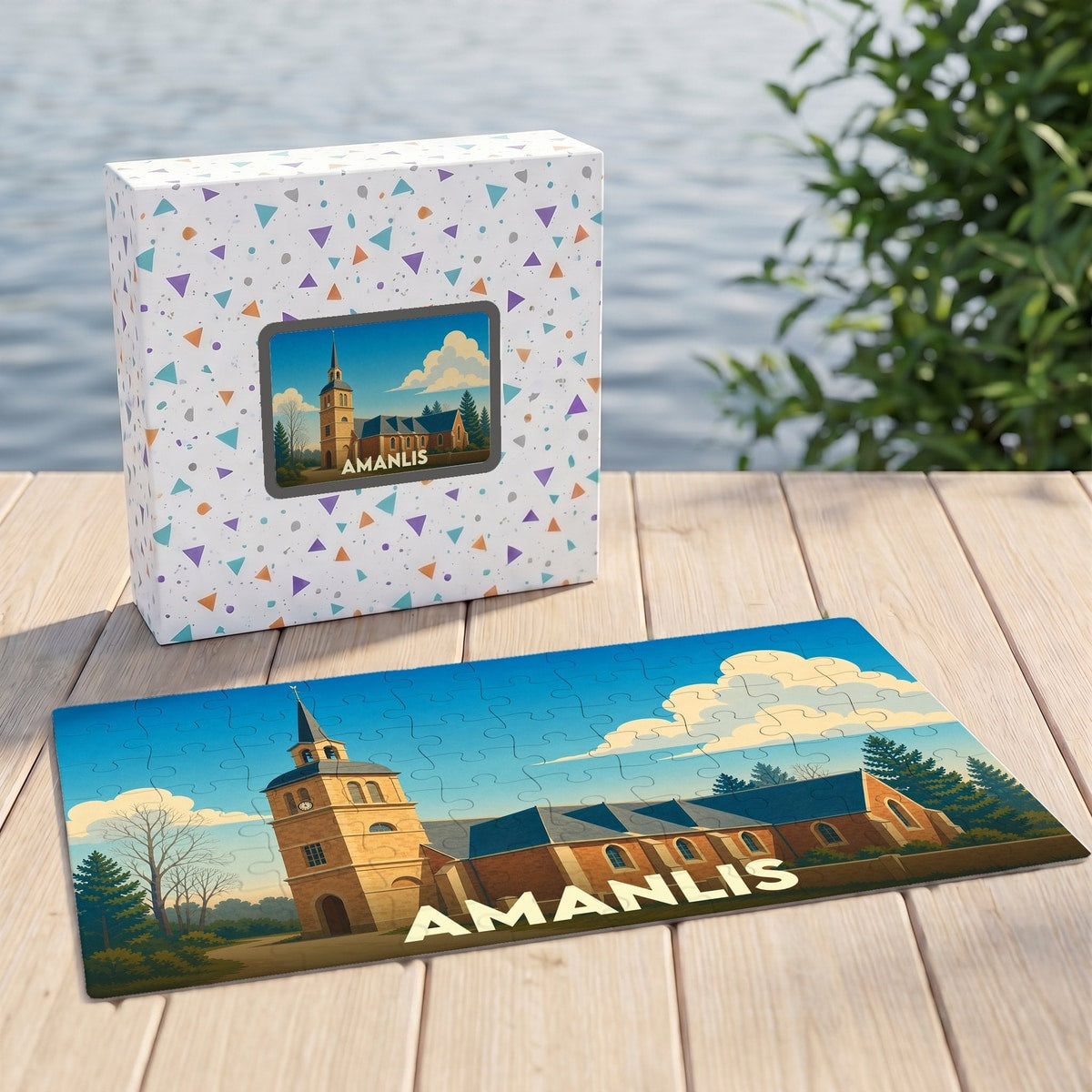 Puzzle souvenir de la ville d'Amanlis avec une illustration stylisée de son église et de ses paysages.