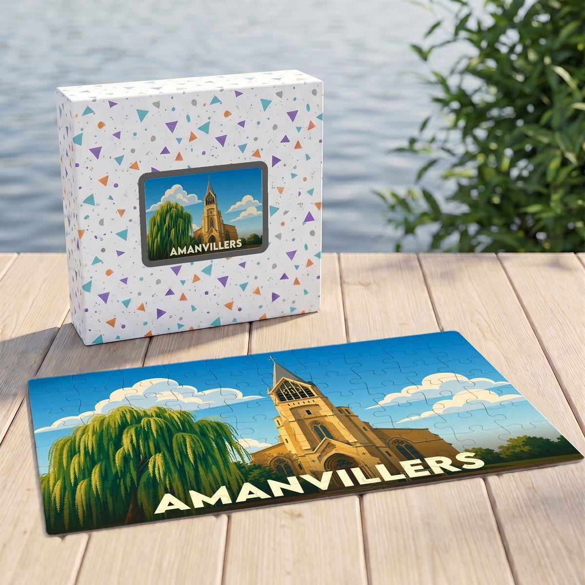 Puzzle souvenir de la ville d'Amanvillers illustrant son église et un saule pleureur dans un style graphique épuré.