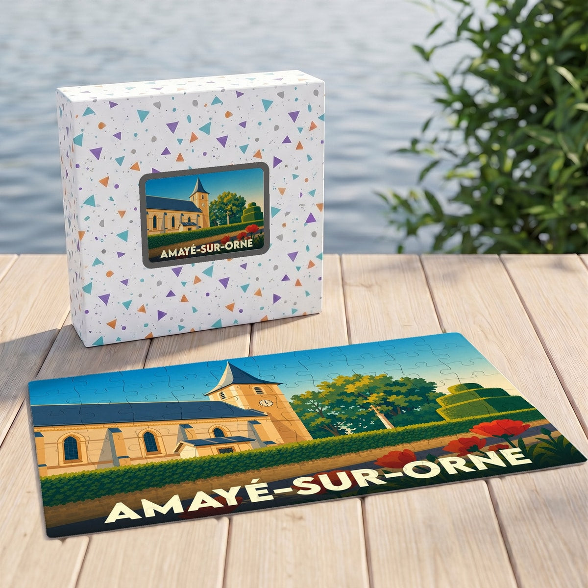 Puzzle souvenir de la ville de Amayé-sur-Orne avec une illustration stylisée d'une église et de son jardin.