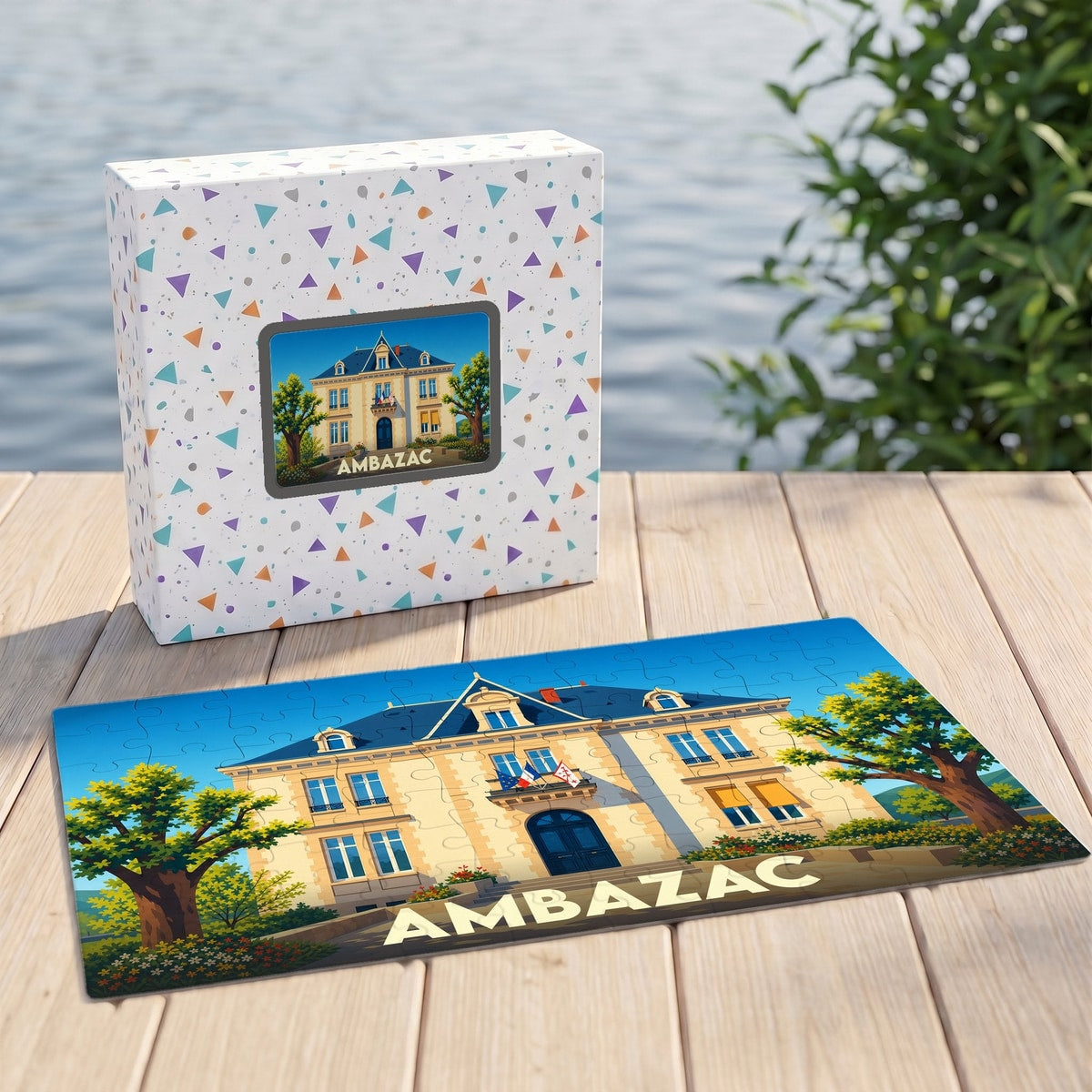 Puzzle souvenir de la ville d'Ambazac avec une illustration stylisée d'un bâtiment historique.