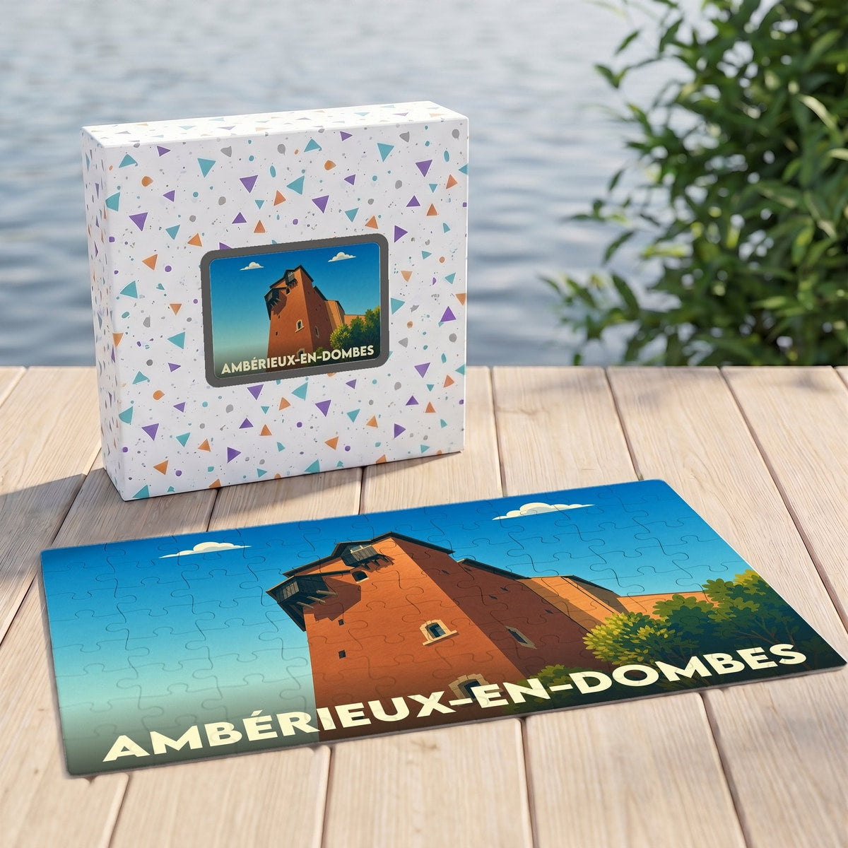 Puzzle souvenir de la ville d'Ambérieux-en-Dombes avec une illustration stylisée de son château.