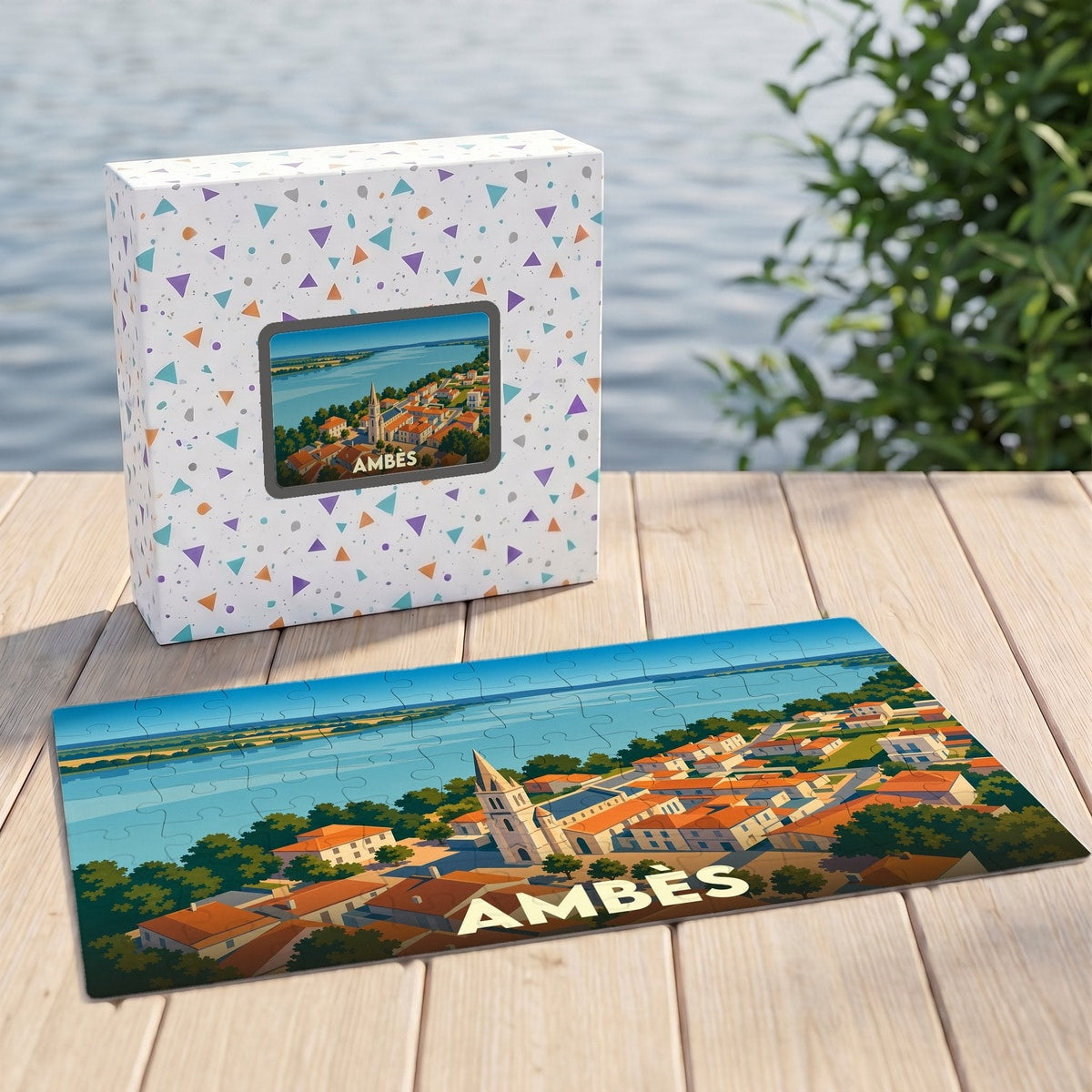Puzzle souvenir de la ville d'Ambès présentant une illustration stylisée de son paysage urbain en bord de l'eau.