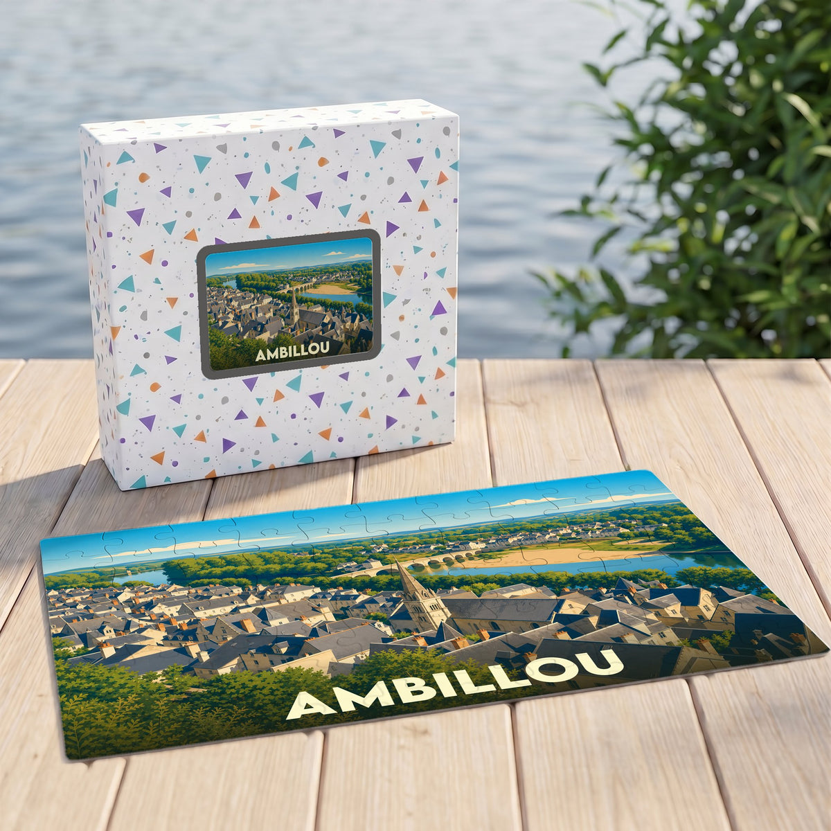 Puzzle souvenir de la ville d'Ambillou avec une illustration paysagère stylisée.