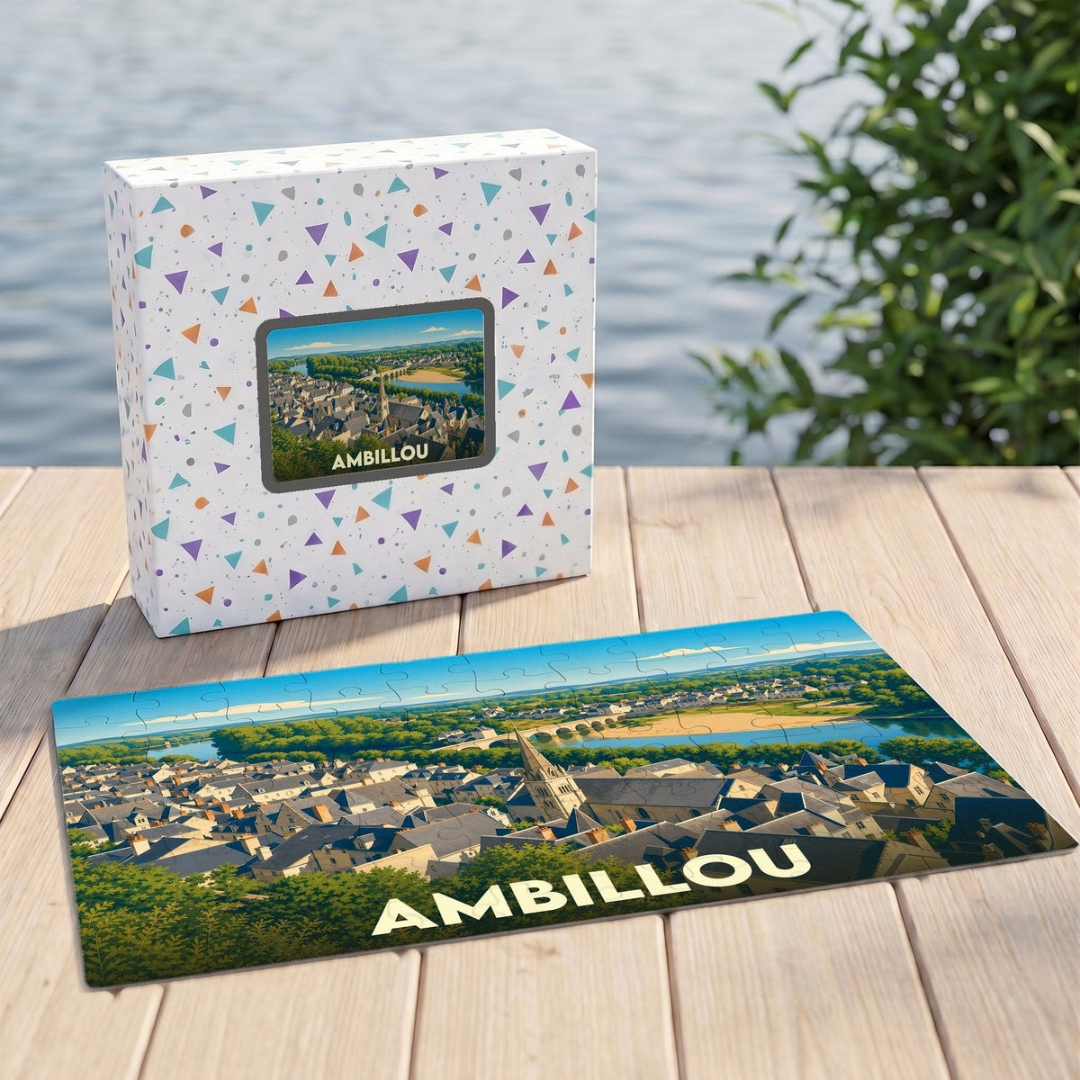Puzzle souvenir de la ville d'Ambillou avec une illustration paysagère stylisée.