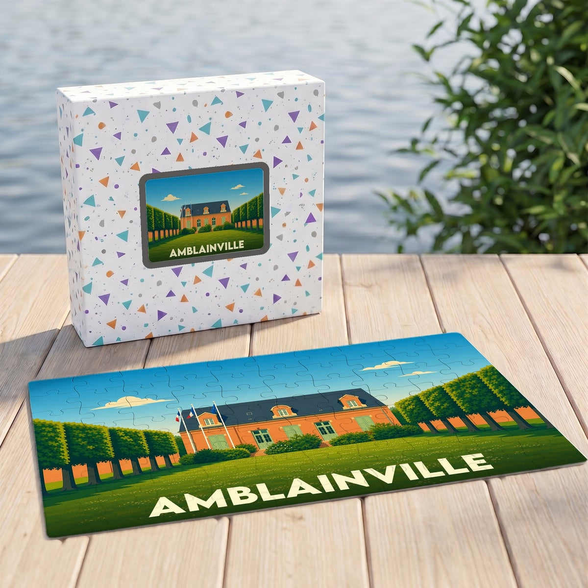 Puzzle souvenir de la ville d'Amblainville représentant son hôtel de ville avec une illustration stylisée.