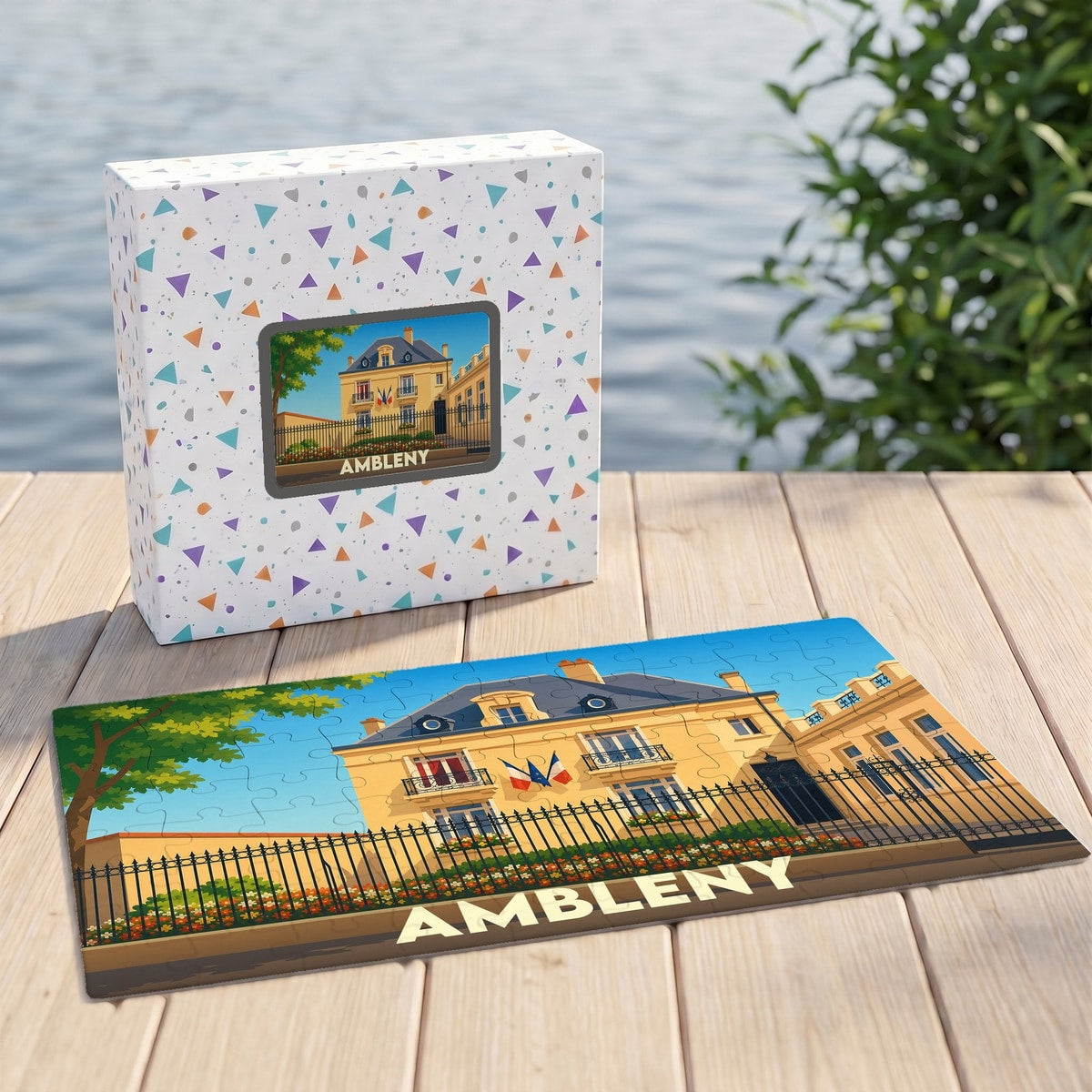 Puzzle souvenir de la ville de Ambleny avec une illustration stylisée d'un bâtiment historique.