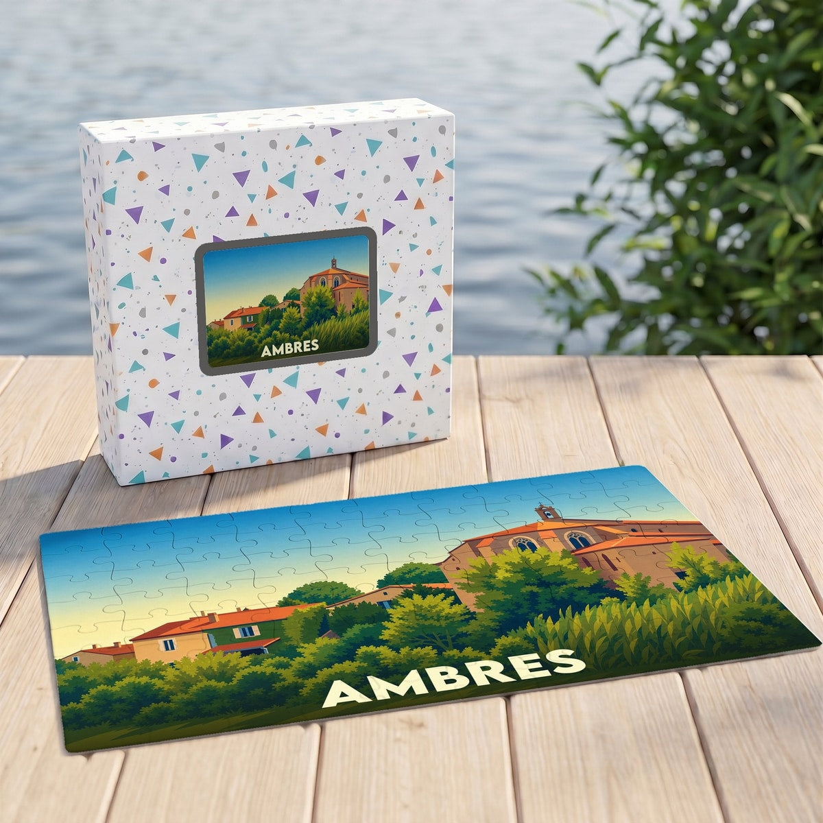 Puzzle souvenir de la ville d'Ambres représentant une illustration stylisée de ses paysages et monuments.