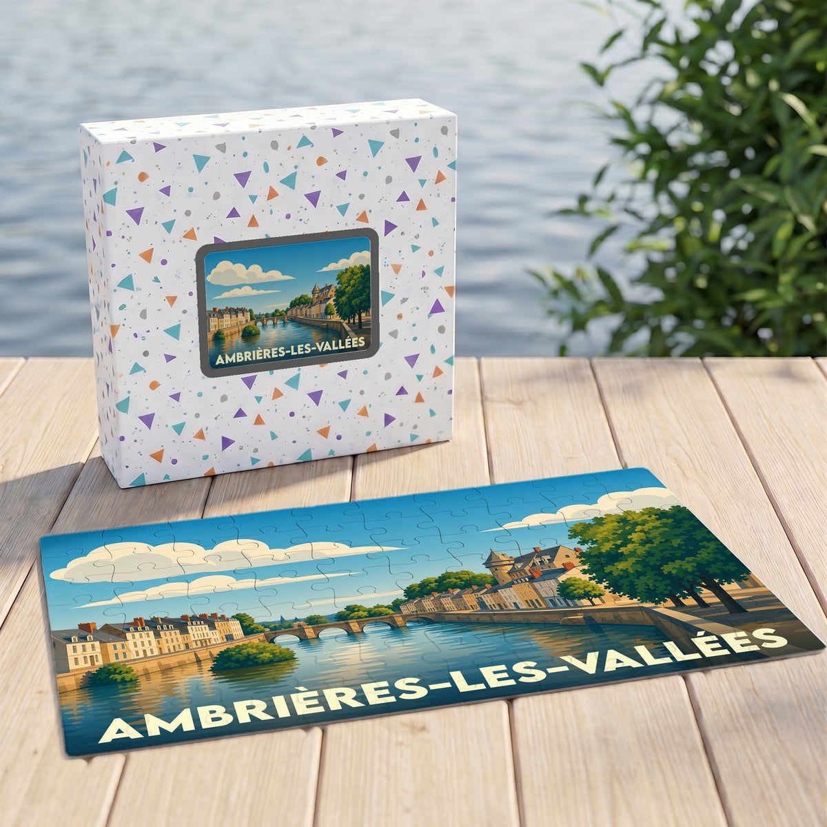 Puzzle souvenir de la ville d'Ambrières-les-Vallées avec une illustration stylisée de ses bords de rivière.