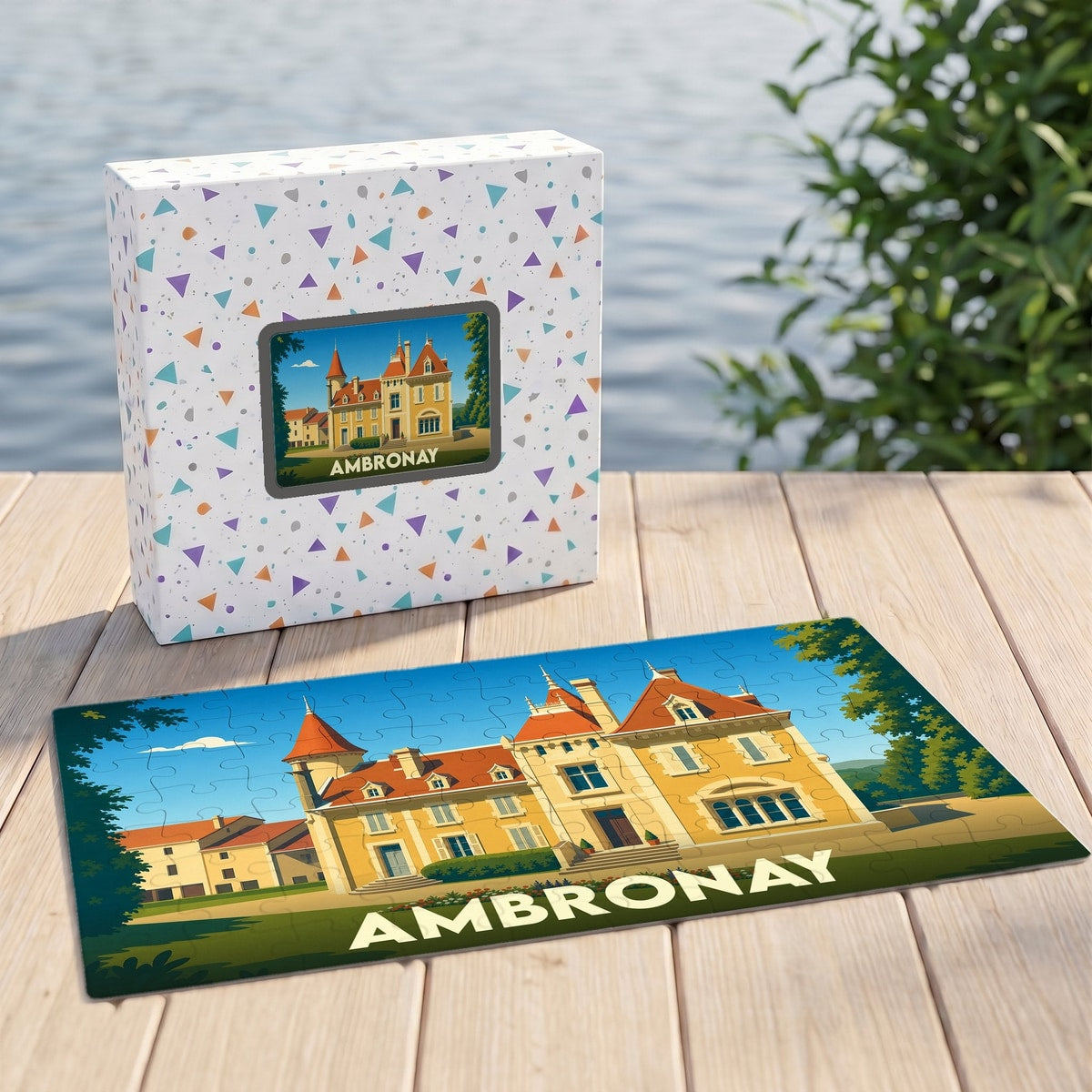 Puzzle souvenir de la ville d'Ambronay avec une illustration stylisée d'un château.