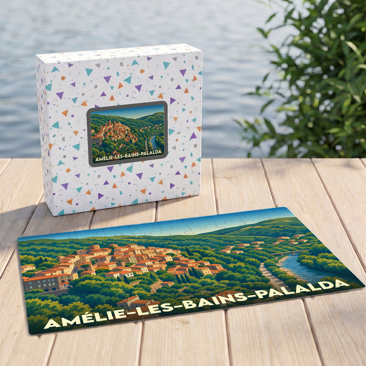 Puzzle souvenir de la ville de Amélie-les-Bains-Palalda avec une illustration stylisée d'un paysage vallonné.