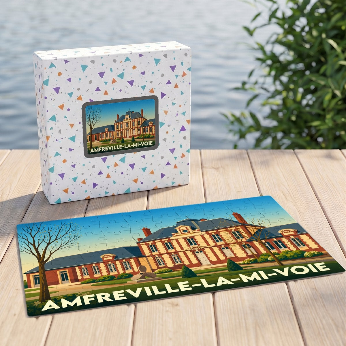 Puzzle souvenir de la ville d'Amfreville-la-Mi-Voie avec une illustration stylisée de son patrimoine architectural.