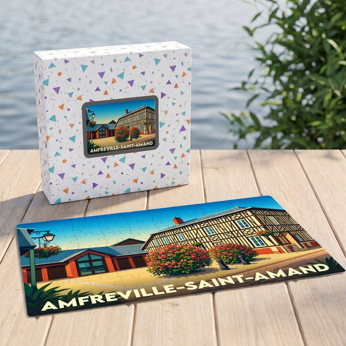 Puzzle souvenir de la ville d'Amfreville-Saint-Amand avec une illustration stylisée de son architecture traditionnelle.