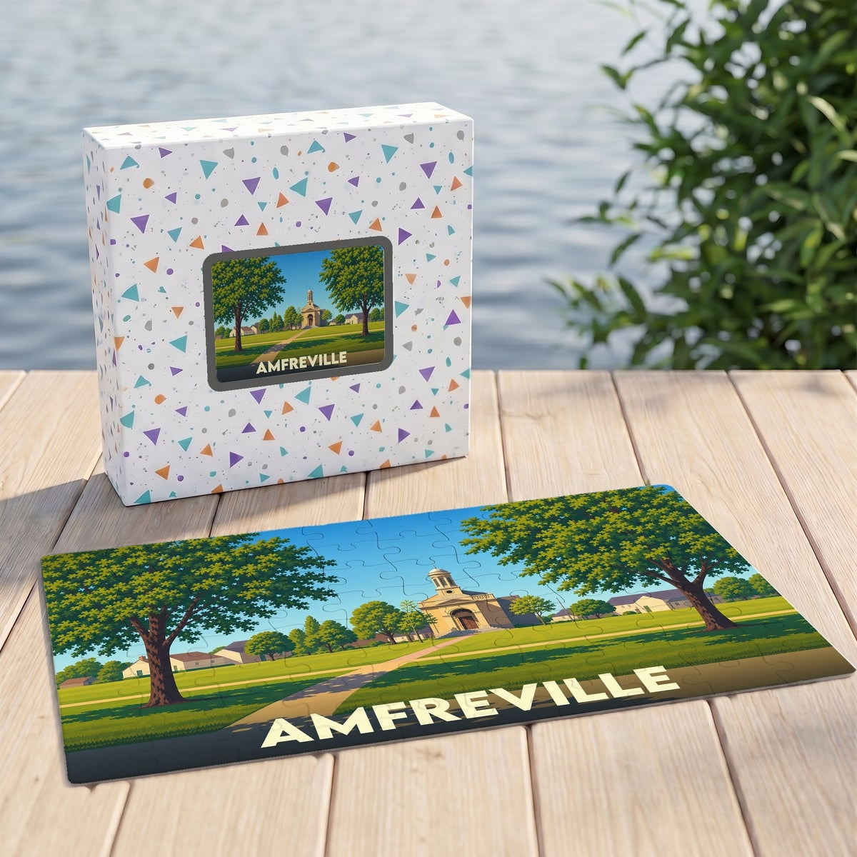 Puzzle souvenir de la ville de Amfreville avec une illustration paysagère stylisée.