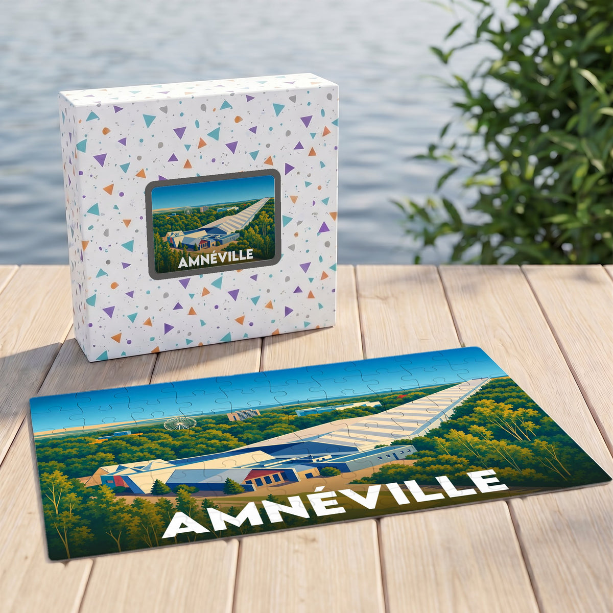 Puzzle souvenir de la ville d'Amnéville avec une illustration stylisée de son complexe de loisirs.
