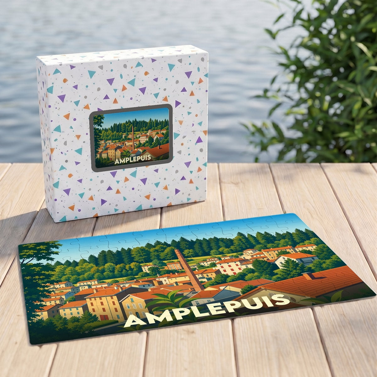 Puzzle souvenir de la ville d'Amplepuis avec une illustration stylisée d'un paysage urbain niché dans la verdure.