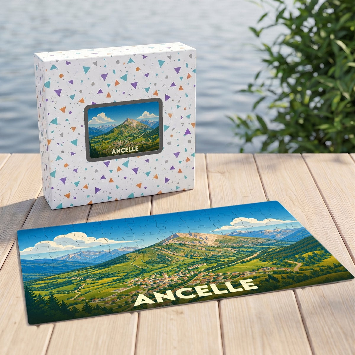 Puzzle souvenir de la ville d'Ancelle avec une illustration de paysage montagneux.