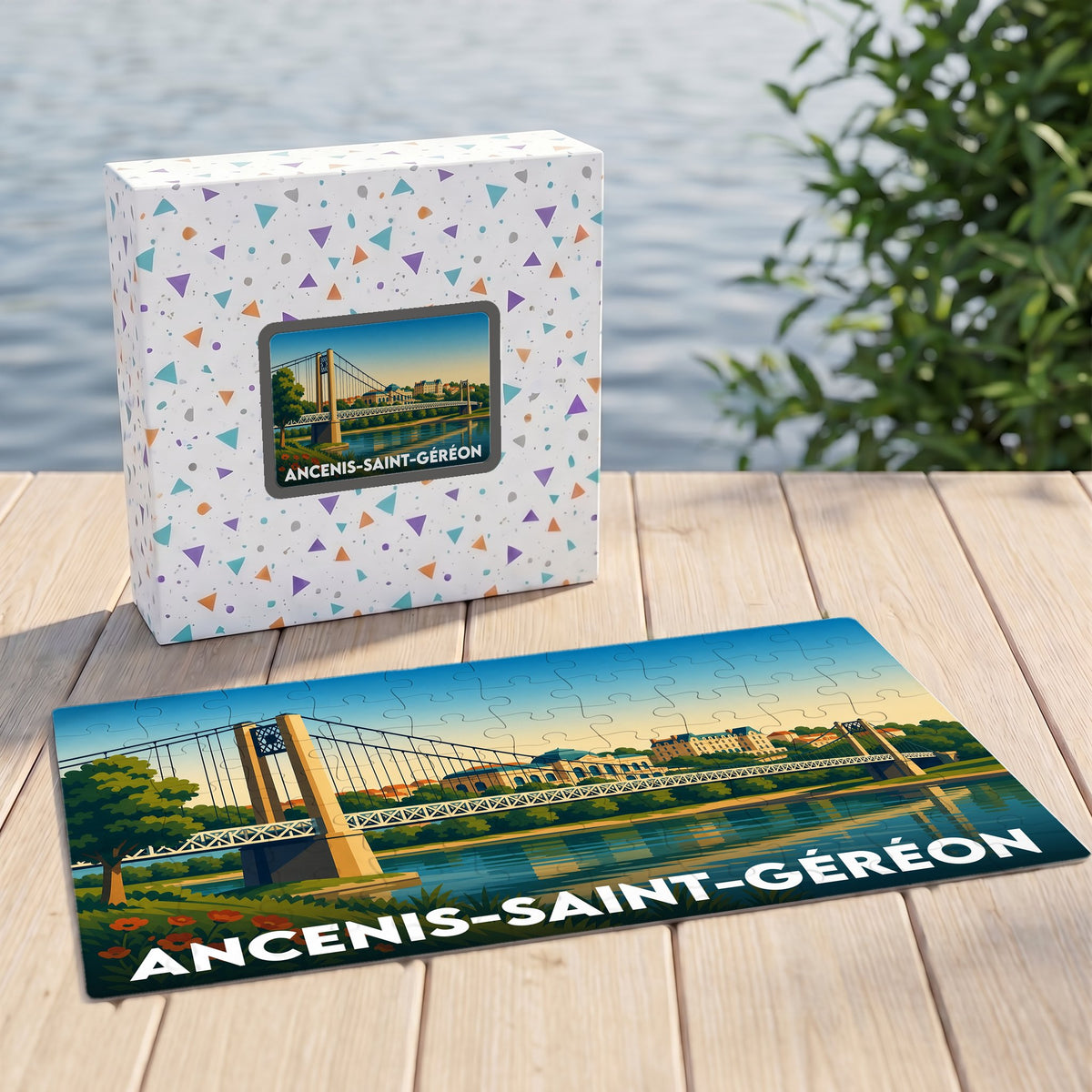 Puzzle souvenir de la ville d'Ancenis-Saint-Géréon avec une illustration stylisée de son pont.