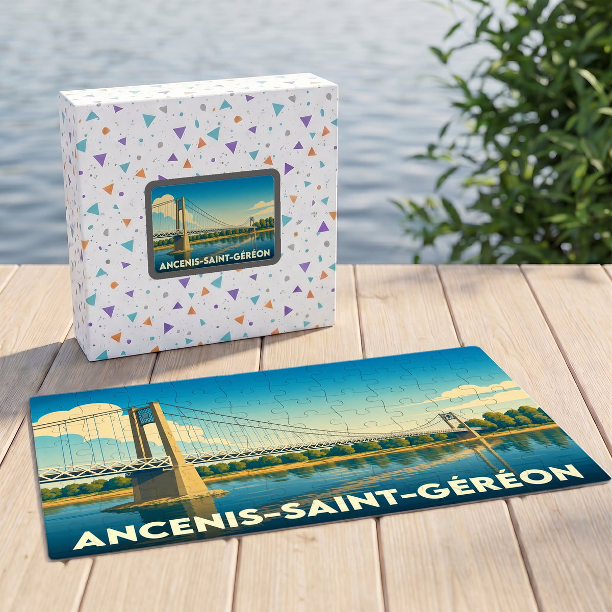 Puzzle souvenir de la ville de Ancenis-Saint-Géréon illustrant son pont suspendu sur la Loire dans un style rétro.