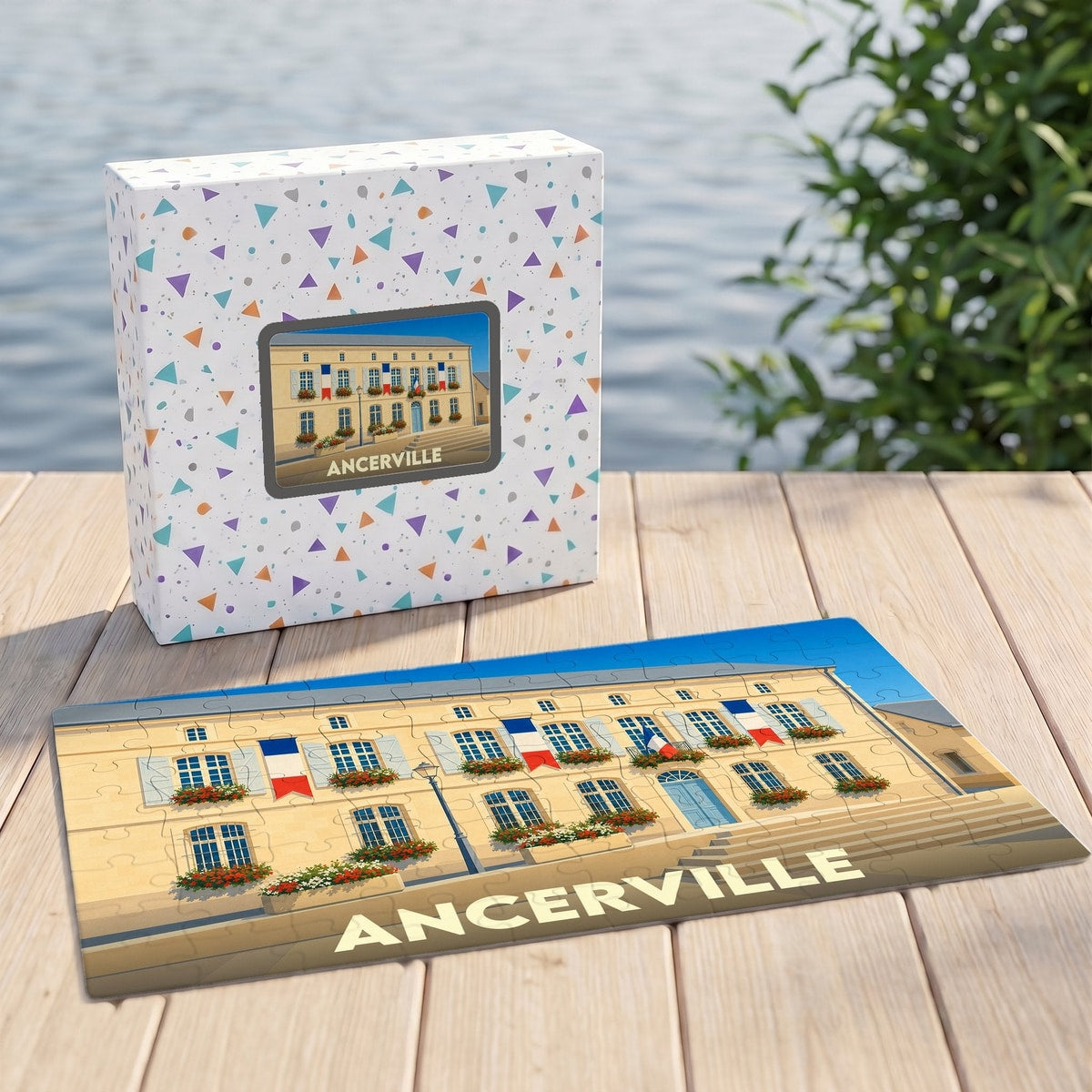 Puzzle souvenir de la ville d'Ancerville avec une illustration stylisée de sa mairie.