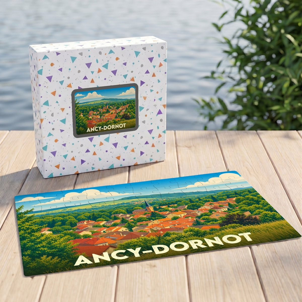 Puzzle souvenir de la ville d'Ancy-Dornot avec une illustration paysagère stylisée.