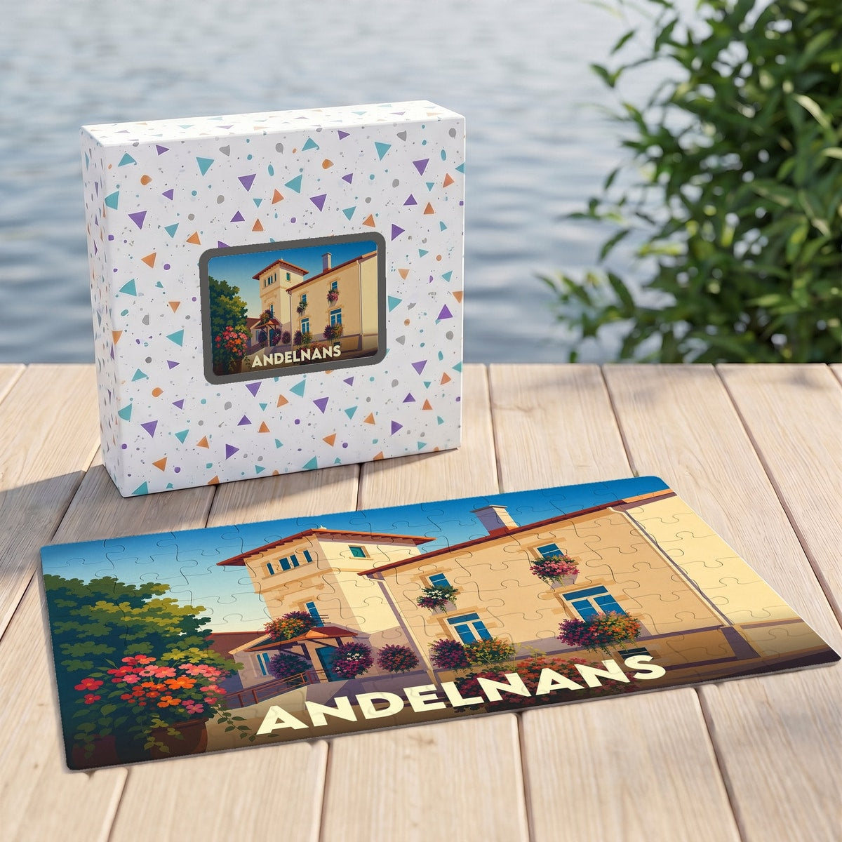 Puzzle souvenir de la ville d'Andelnans avec une illustration stylisée d'un bâtiment fleuri.
