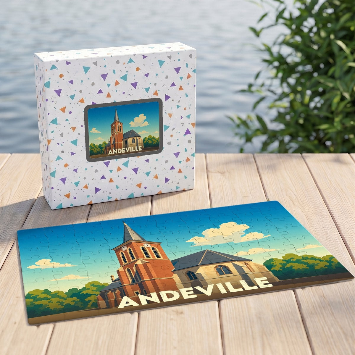 Puzzle souvenir de la ville d'Andeville avec une illustration stylisée de son église.