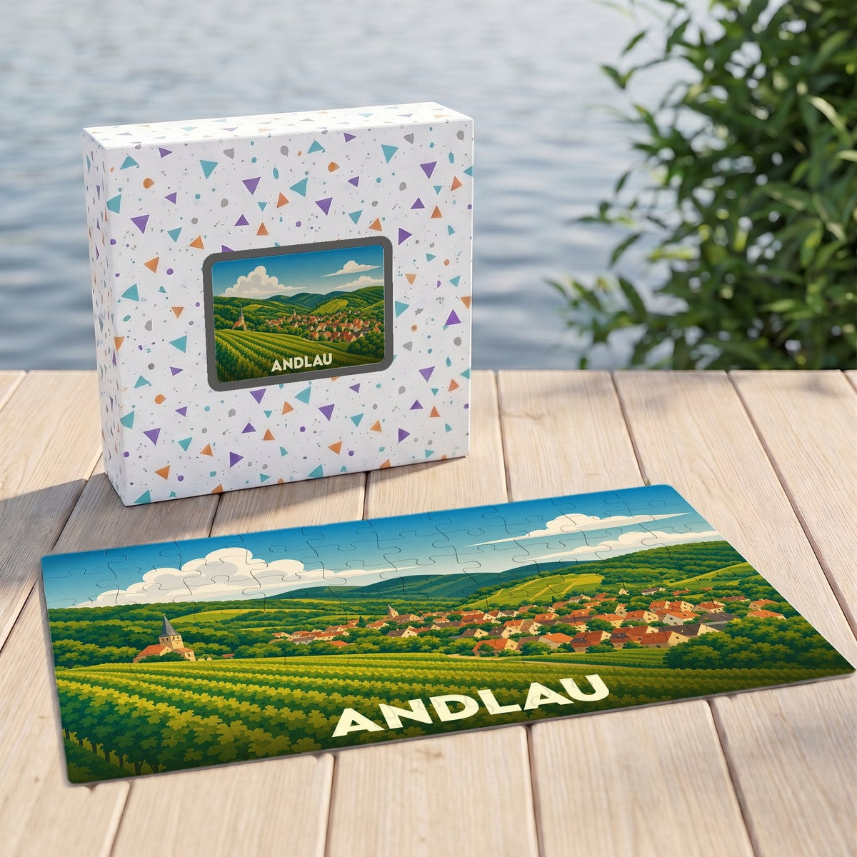 Puzzle souvenir de la ville de Andlau avec une illustration stylisée de son vignoble.