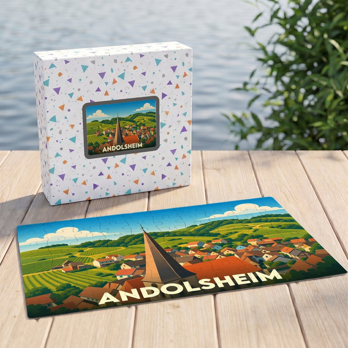 Puzzle souvenir de la ville d'Andolsheim avec une illustration stylisée de son paysage et de son église.