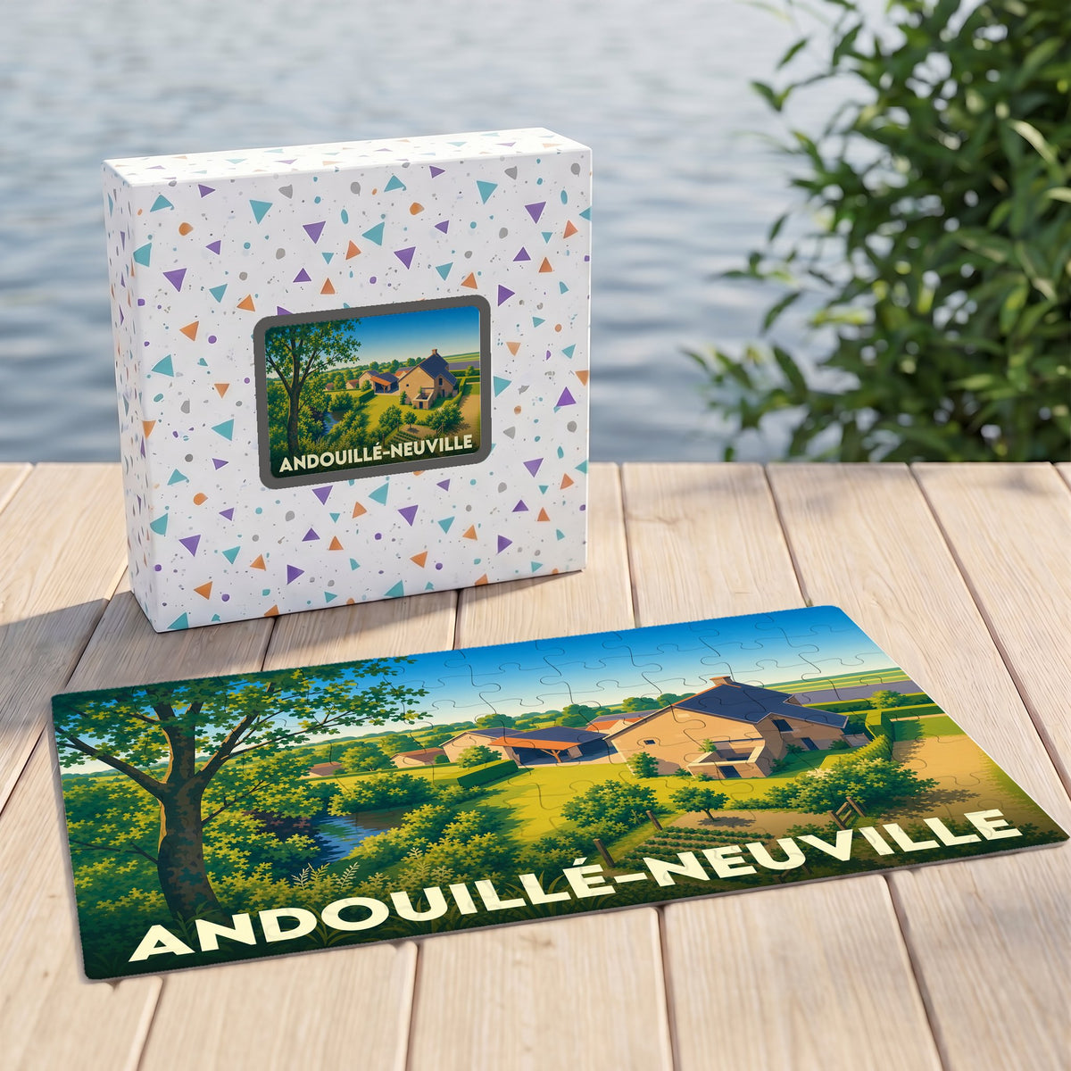 Puzzle souvenir de la ville d'Andouillé-Neuville avec une illustration stylisée de son paysage rural.