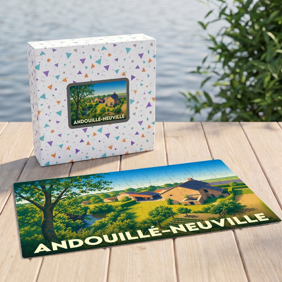 Puzzle souvenir de la ville d'Andouillé-Neuville avec une illustration stylisée de son paysage rural.