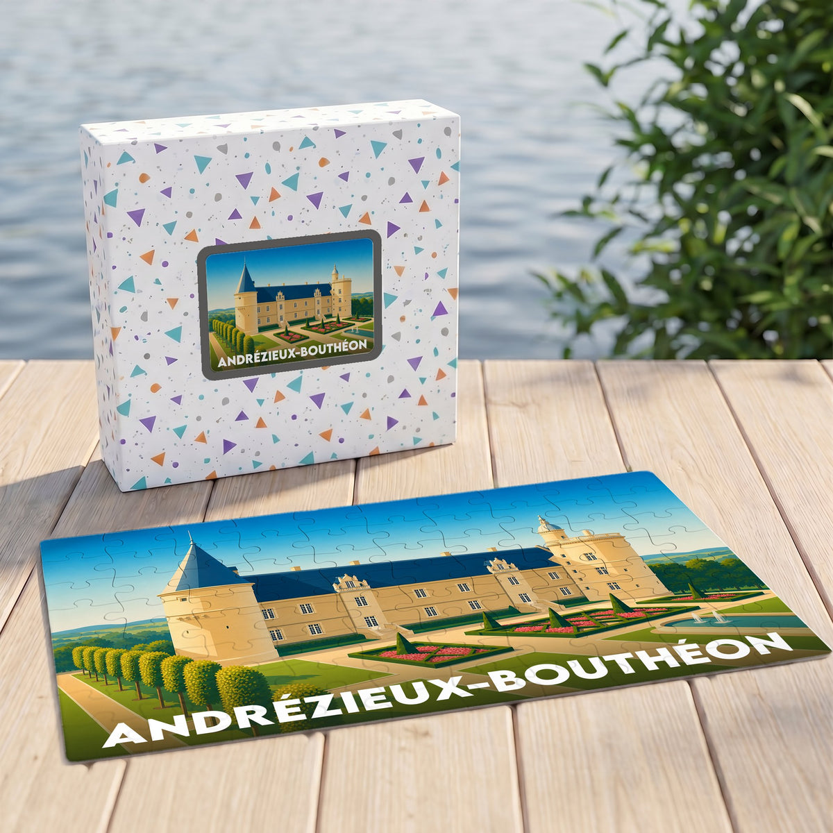 Puzzle souvenir de la ville d'Andrézieux-Bouthéon illustrant son château sur un plateau en bois devant sa boîte.