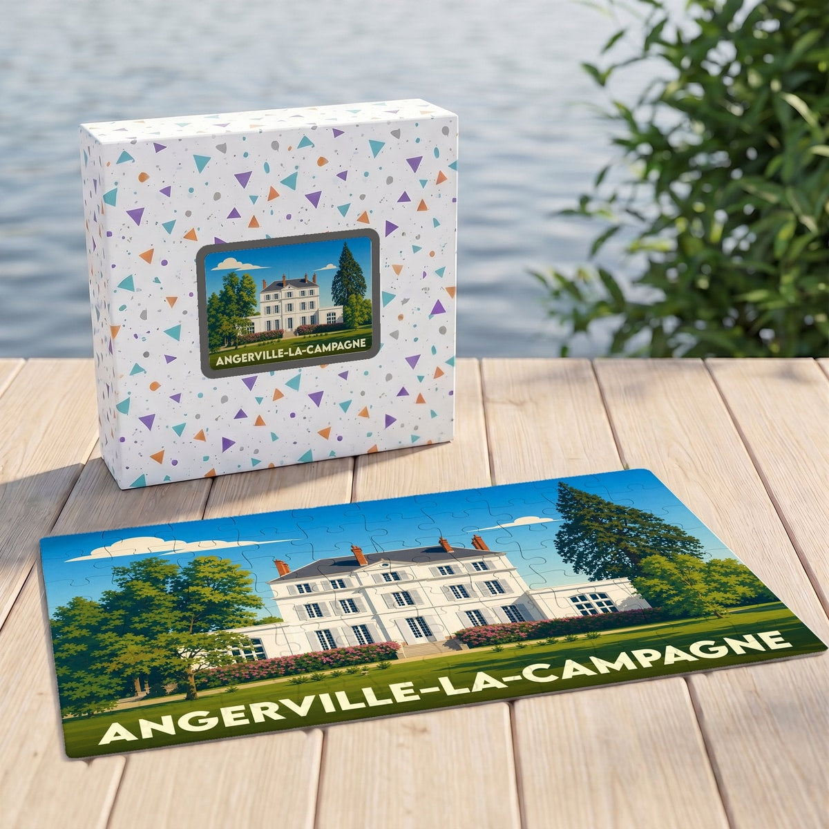 Puzzle souvenir de la ville d'Angerville-la-Campagne avec une illustration stylisée d'une demeure bourgeoise.