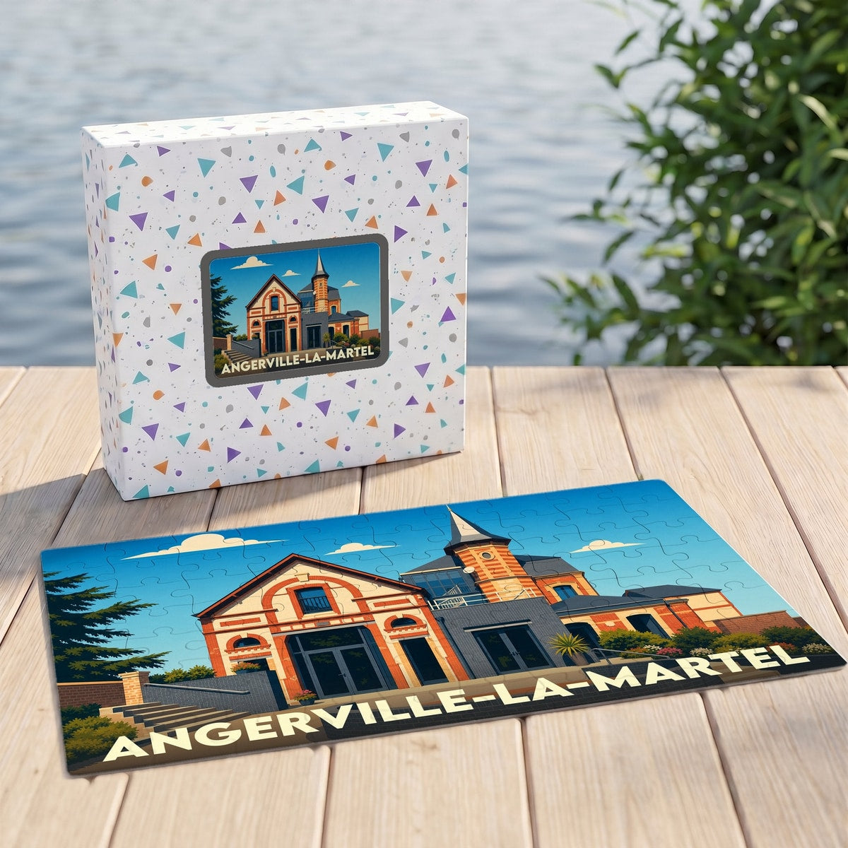 Puzzle souvenir de la ville de Angerville-la-Martel avec une illustration stylisée de son architecture.