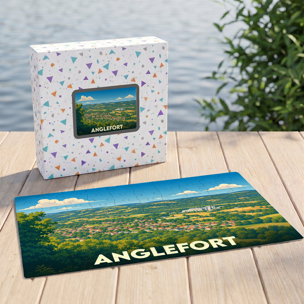 Puzzle souvenir de la ville d'Anglefort avec une illustration de paysage verdoyant.