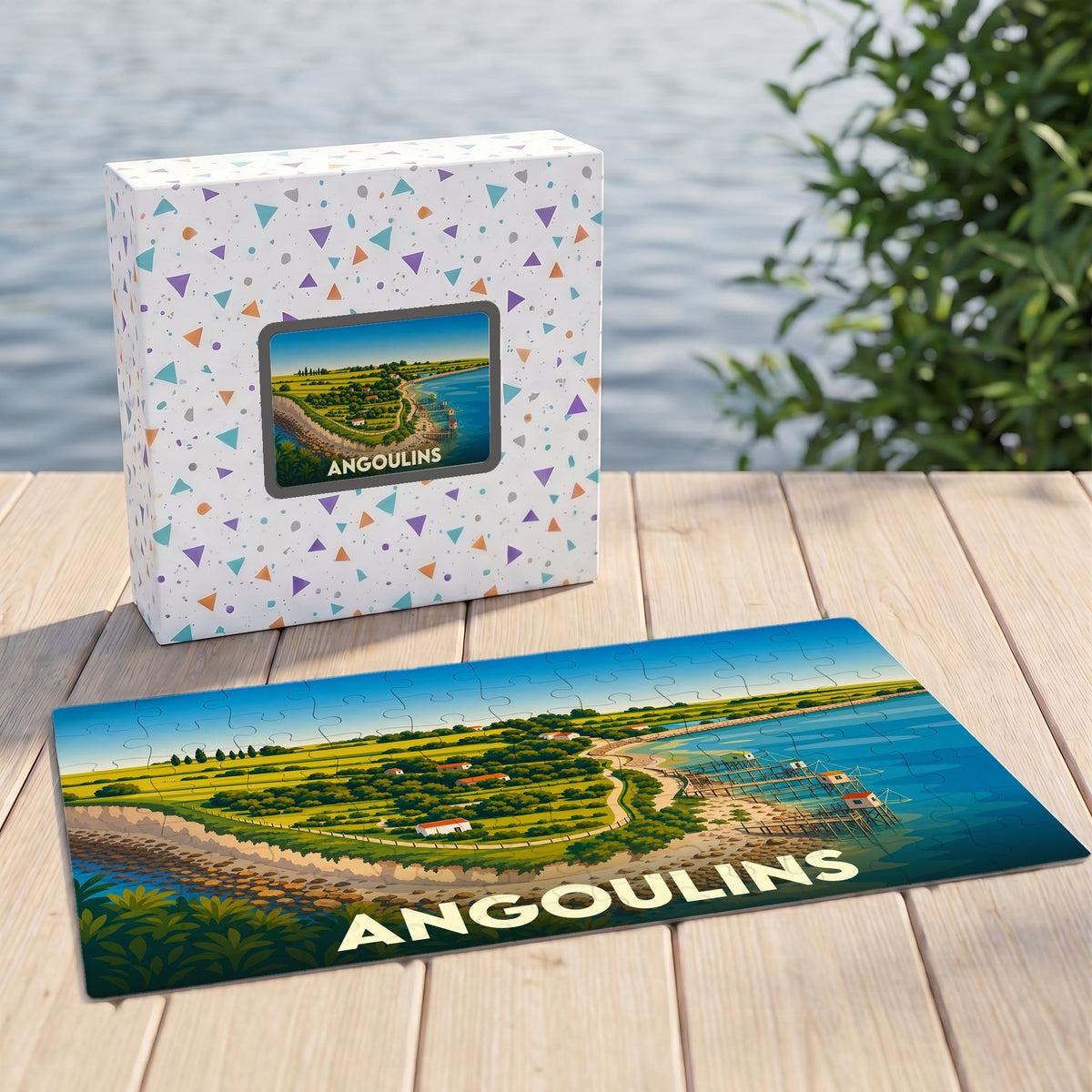 Puzzle souvenir de la ville d'Angoulins illustrant son littoral avec un style graphique coloré.