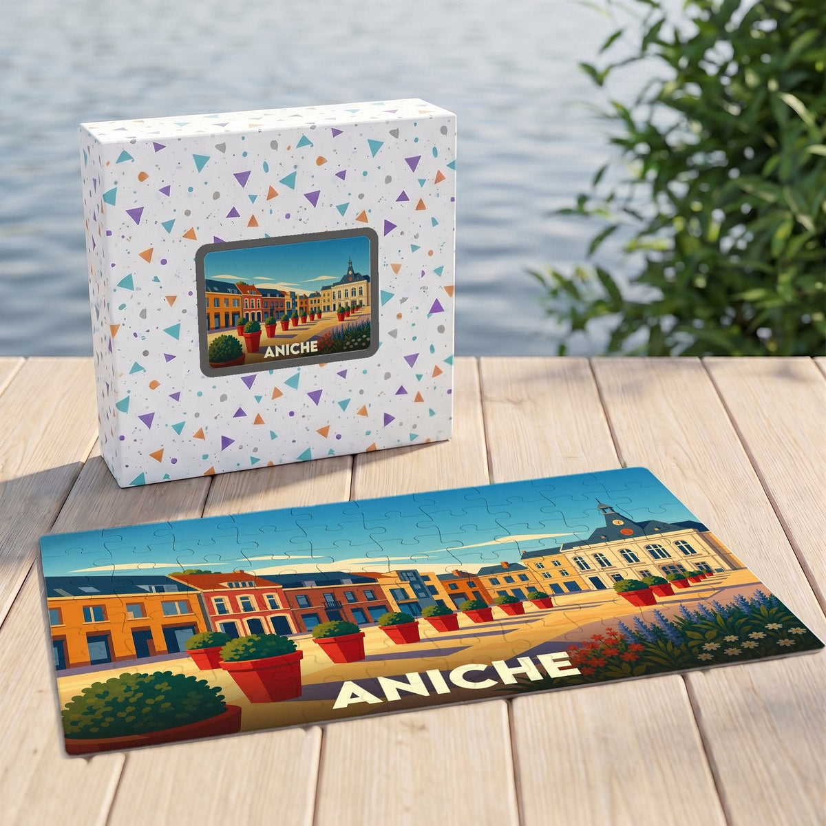 Puzzle souvenir de la ville d'Aniche avec une illustration stylisée et colorée de sa place principale.