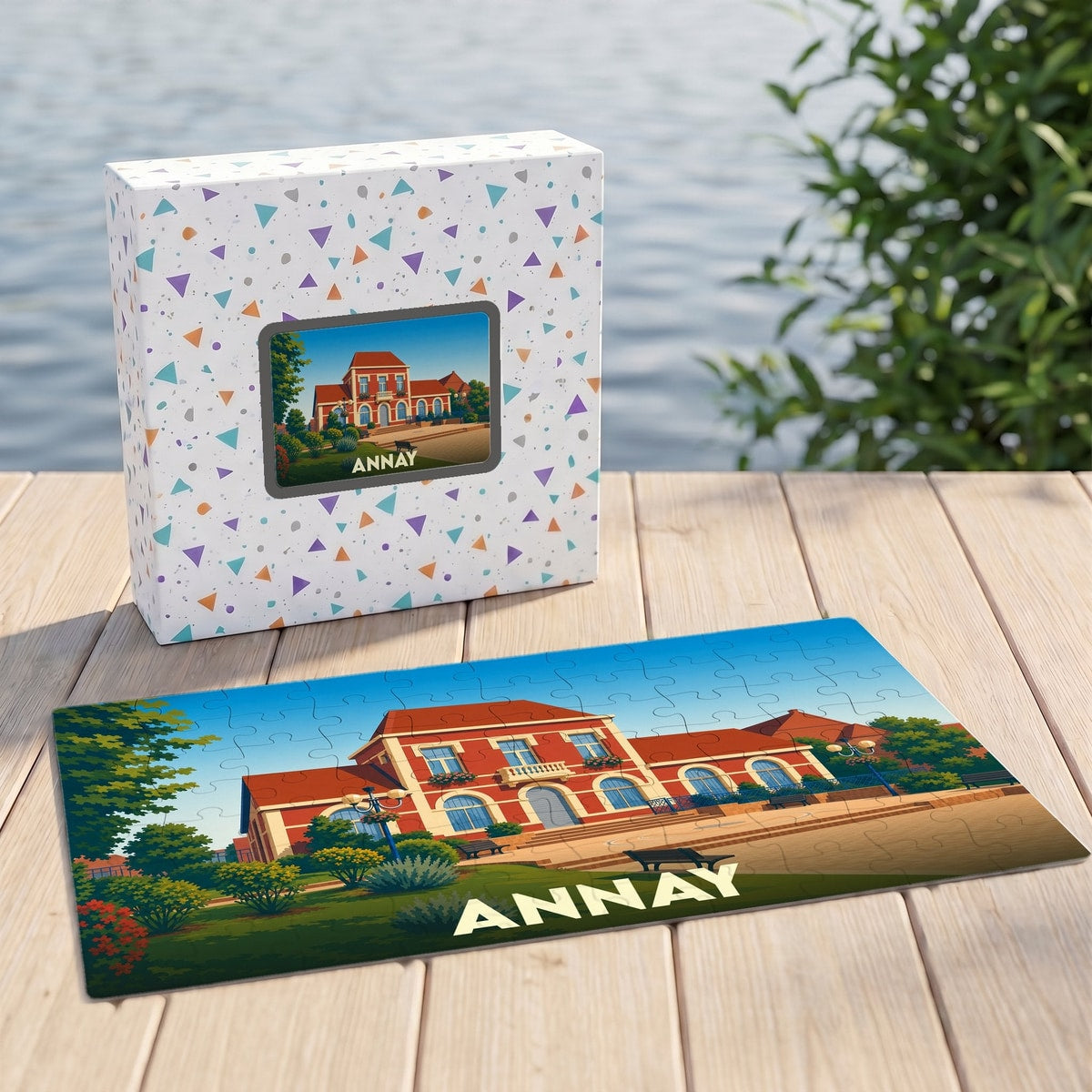Puzzle souvenir de la ville de Annay avec une illustration stylisée d'un bâtiment remarquable.
