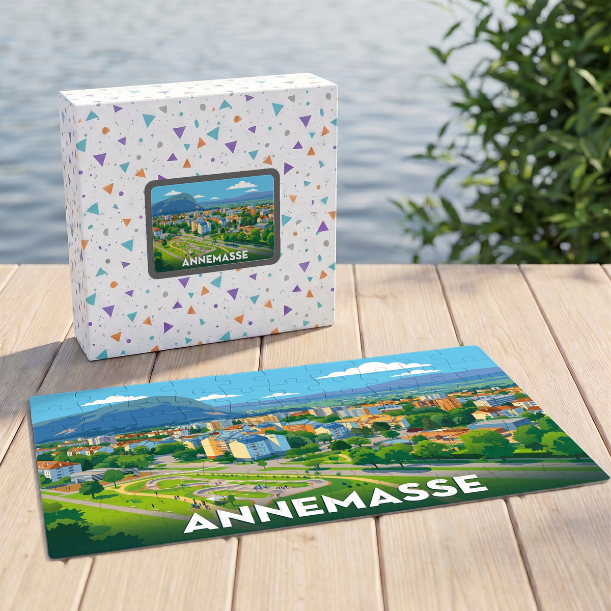 Puzzle souvenir de la ville d'Annemasse illustré d'un panorama urbain coloré au pied des montagnes.