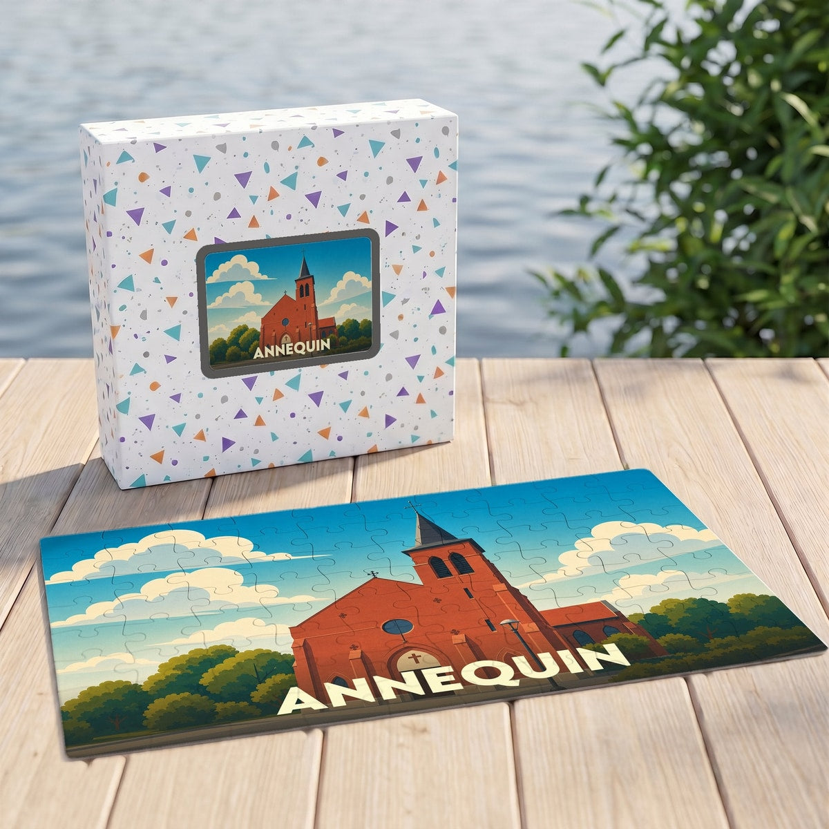 Puzzle souvenir de la ville d'Annequin présentant une illustration stylisée d'une église rouge sous un ciel ensoleillé.