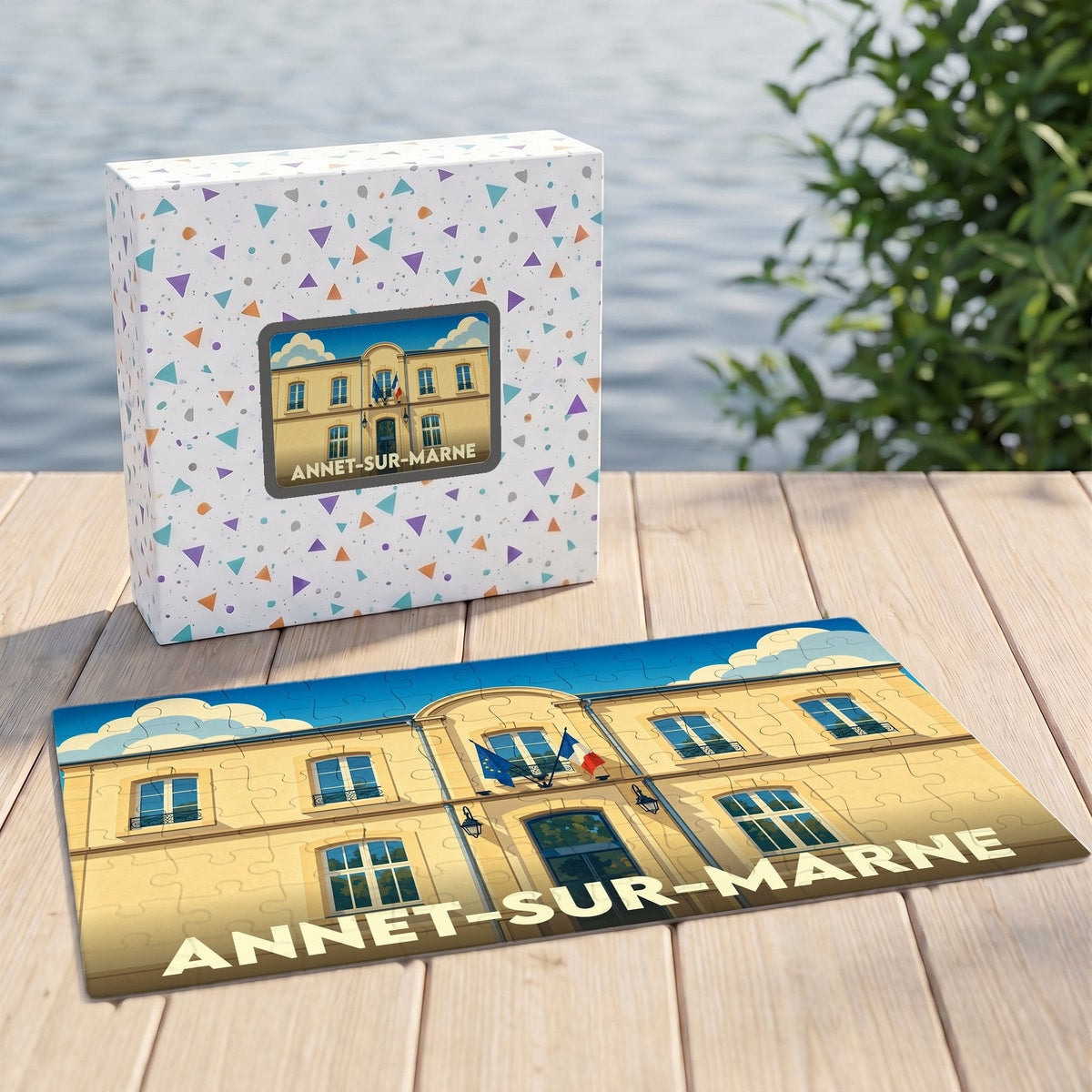 Puzzle souvenir de la ville d'Annet-sur-Marne avec une illustration stylisée de sa mairie.