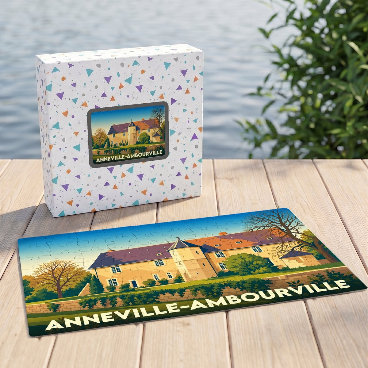 Puzzle souvenir de la ville d'Anneville-Ambourville avec une illustration stylisée d'un manoir normand.
