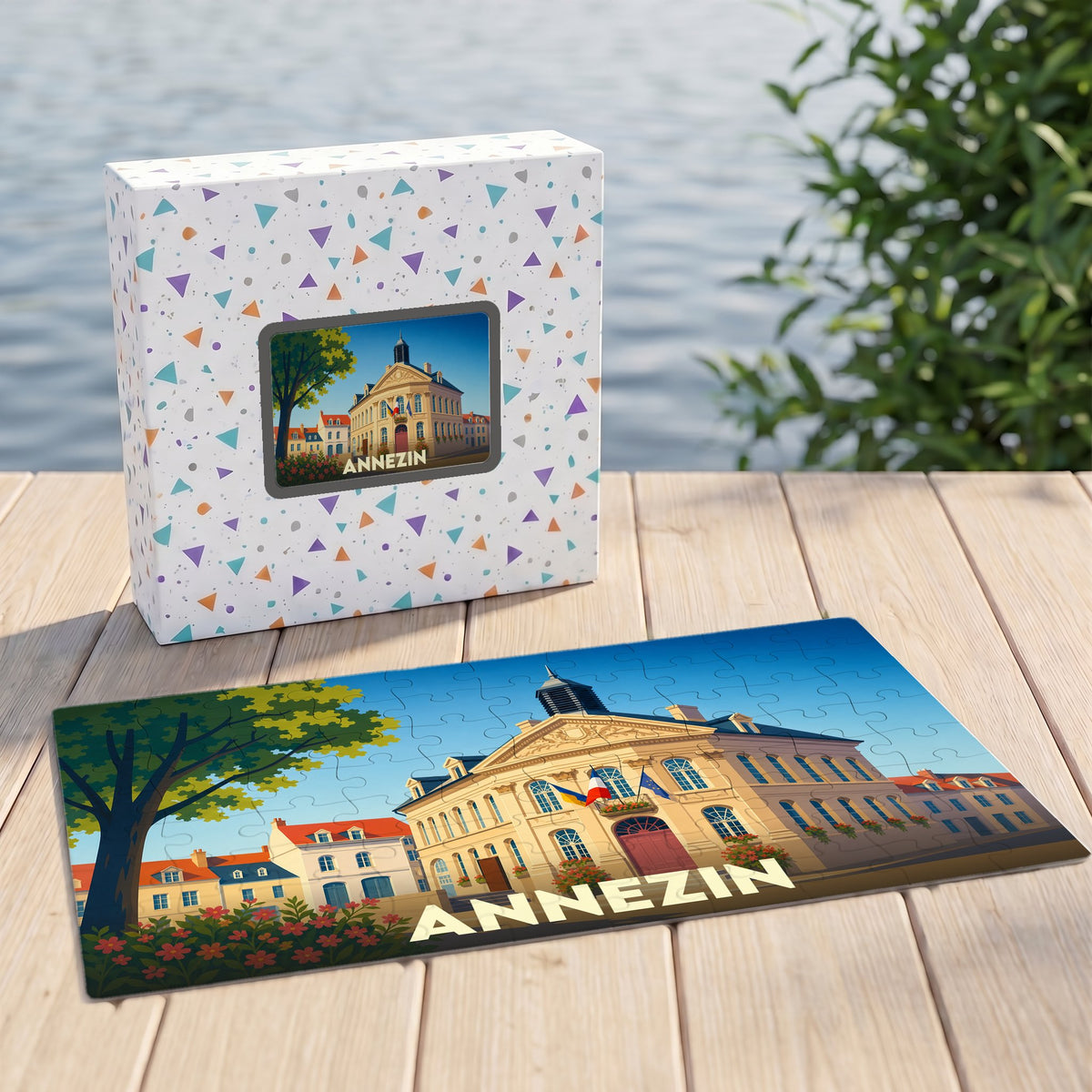Puzzle souvenir de la ville d'Annezin avec une illustration stylisée de son hôtel de ville.