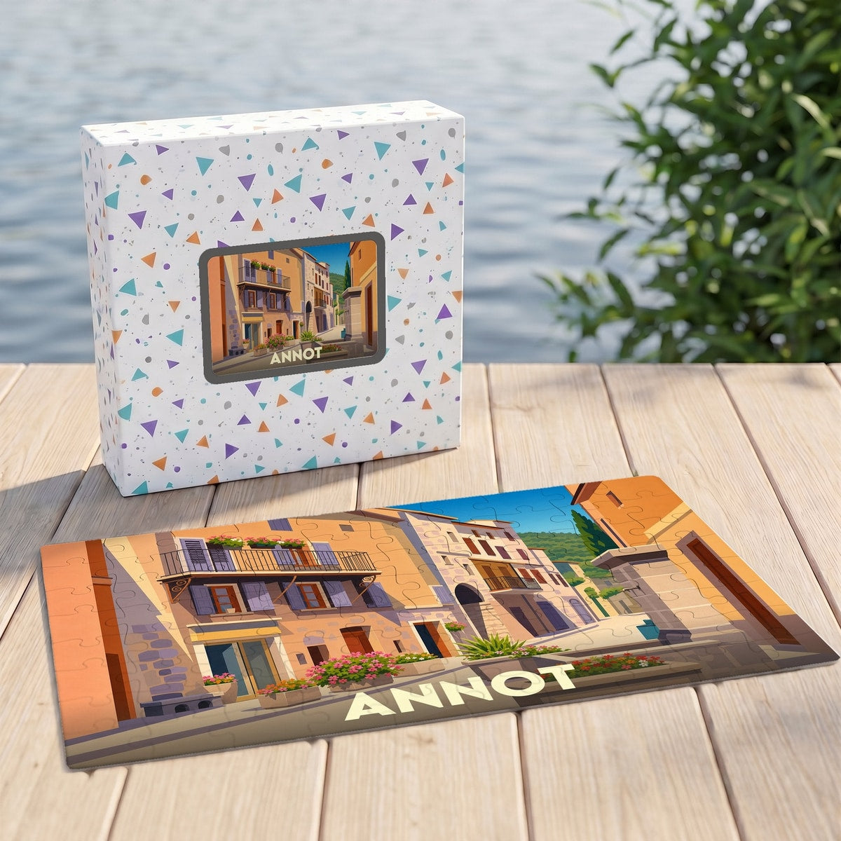 Puzzle souvenir de la ville d'Annot avec une illustration stylisée d'une rue pittoresque.