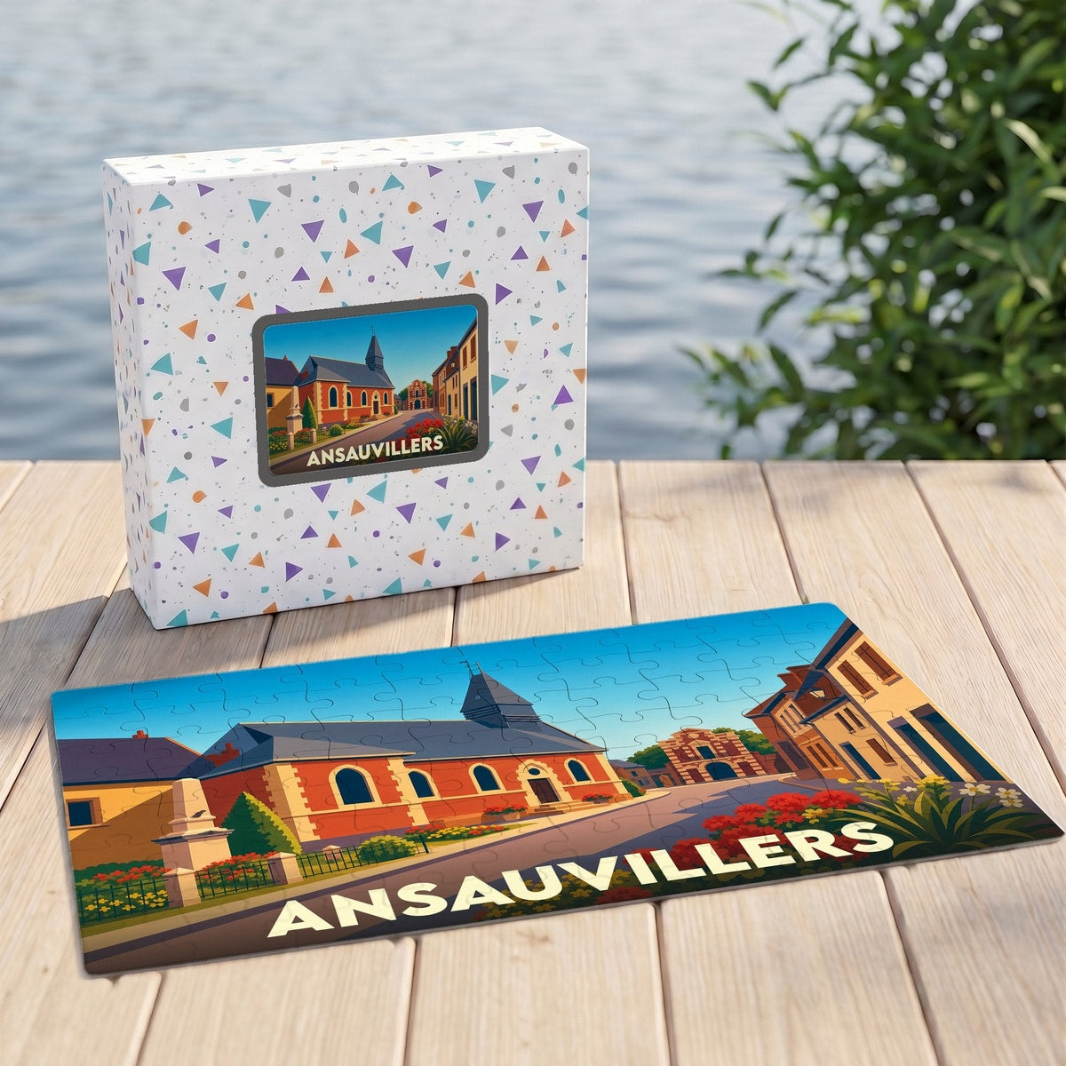 Puzzle souvenir de la ville d'Ansauvillers avec une illustration stylisée et colorée de son architecture.