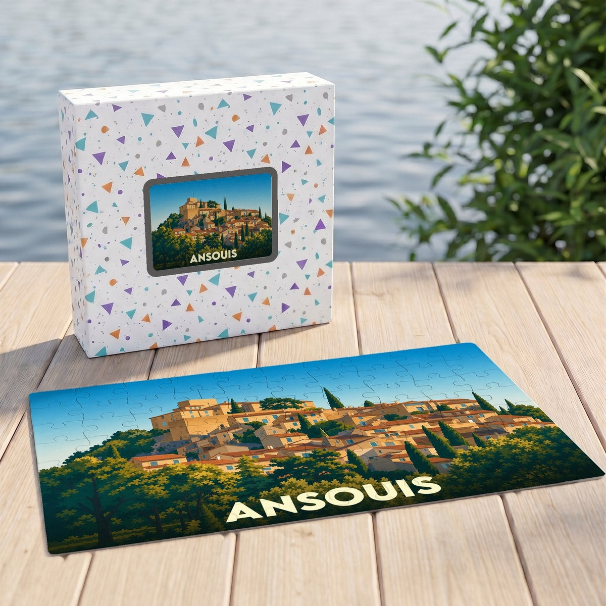 Puzzle souvenir de la ville d'Ansouis représentant une vue panoramique du village perché.